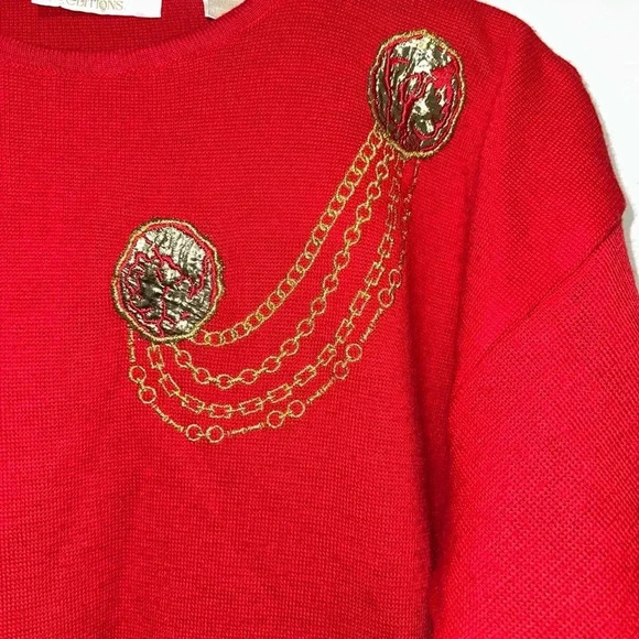 VINTAGE Women's John Henry Editions Sweater L, Red & Gold, Embroidery - Picture 2 of 16